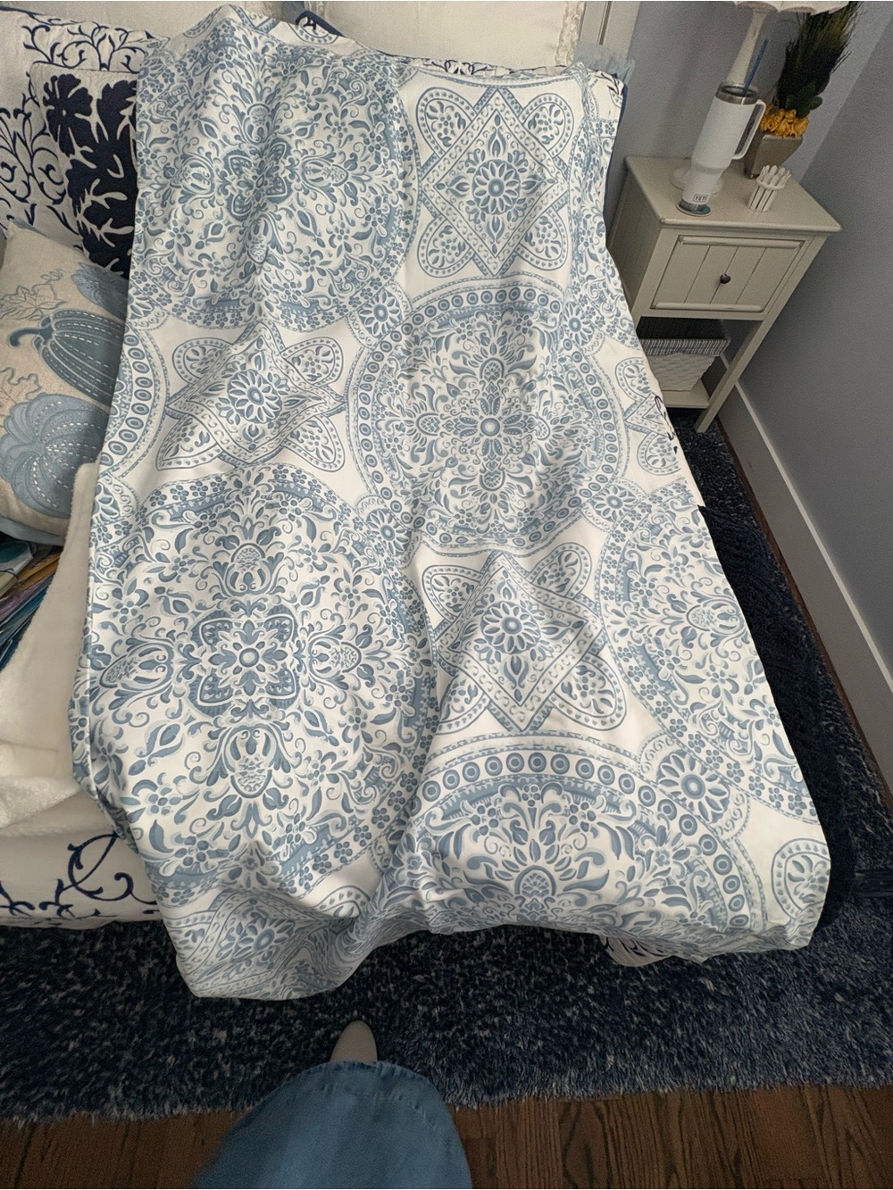 Blue and White Medallion shower curtain - with button hole opening for hooks